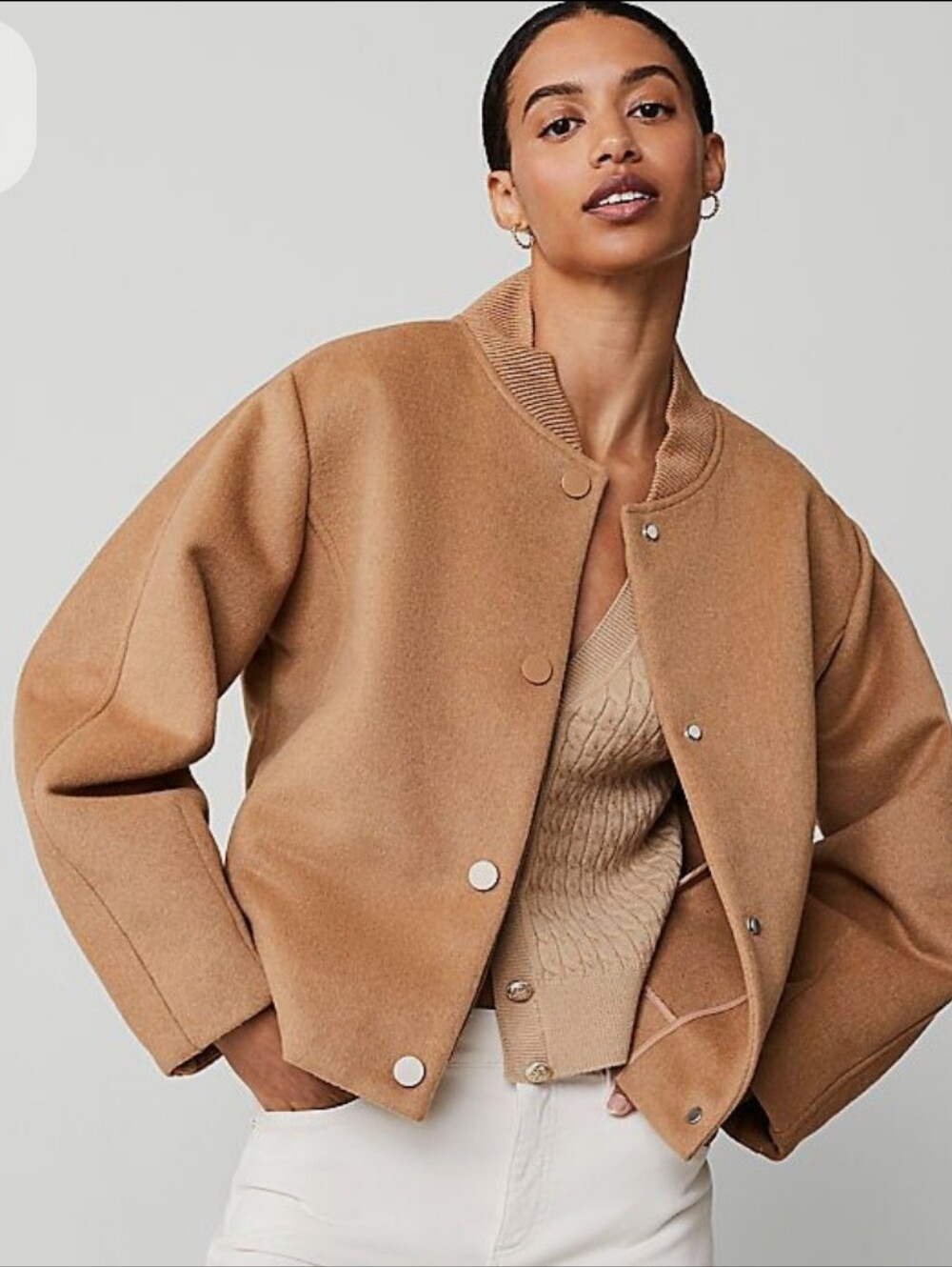 ANN TAYLOR Snap Front Bomber Jacket In Camel S.